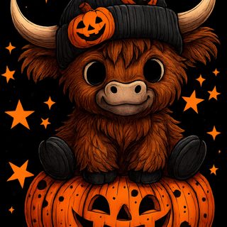 a brown cow sitting on top of a pumpkin with two jack - o'- lanterns Cute Halloween Highland Cow Highland Cow Background, Highland Cows, Cow Cartoon Images, Halloween Cute, black