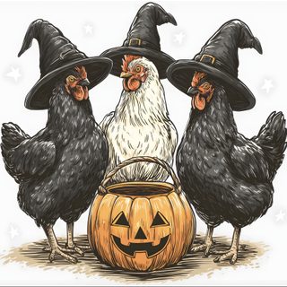 three black chickens standing next to a jack - o'- lantern with witches on it Halloween Chicken dark slate gray