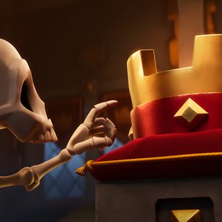 an animated skeleton holding onto a red pillow in front of a large golden crown on top of a building Clash Royale Halloween Clash Royale, Skeleton King Clash, Anime Scenery, Clash Royale Ipad, black