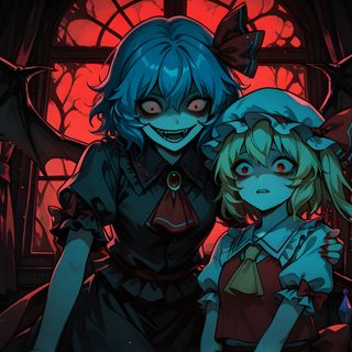 two anime characters standing next to each other in front of a stained glass window at night Touhou Halloween black