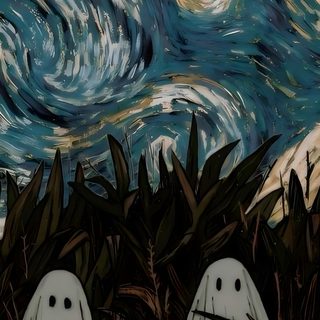 three ghost like figures in the grass under a starry night sky with stars above them Van Gogh Halloween Halloween Iphone, Halloween, Halloween Iphone Backgrounds, dark slate gray