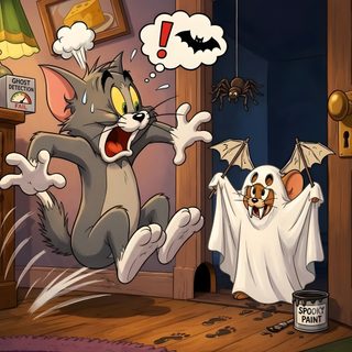 a cartoon cat that is jumping up in the air with his mouth open and two bats hanging from it's ceiling Tom And Jerry Halloween Tom And Jerry Photos, Disney Toms, Blue Lighting, Floating Candles, sienna