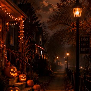 a halloween scene with pumpkins on the steps Real Halloween black