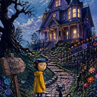 a painting of a person holding an umbrella in front of a house with a cat Halloween Iphone Coraline Coraline 2009, Coraline Castle, Coraline Pictures, Coraline 4k, dark slate gray