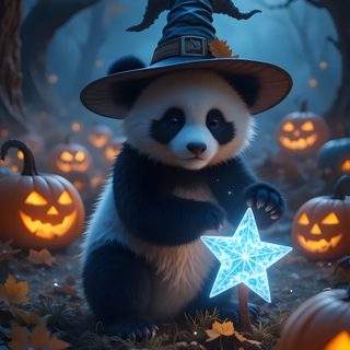 a panda bear wearing a witches hat and holding a star in the woods with pumpkins Halloween Panda Cute Halloween Panda, Halloween, Halloween 1, dark slate gray