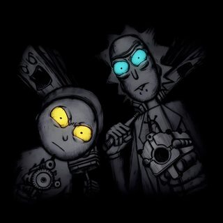 two cartoon characters standing next to each other on a dark background with glowing eyes and one holding Rick And Morty Halloween Rick And Morty 4k Iphone, Rick And Morty 4k, Rick And Morty Phone, black