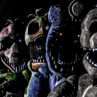 several creepy looking stuffed animals are lined up against a black background with red and blue lights Fnaf Halloween Kpop Love, Fnaf 1, Fnaf, Animatronic Fnaf, Indie Horror, Illustration Japonaise, black