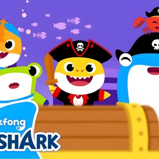 the pinkfong and baby shark characters are standing in front of an open chest Baby Shark Halloween Pinkfong Images, Baby Shark Screensaver, Baby Shark Poster, medium purple