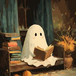 a painting of a ghost reading a book in front of some pumpkins and bookshelves Halloween Reading Library Ghost, Ghost Art, Haunted Library, Ghost Library, dark slate gray