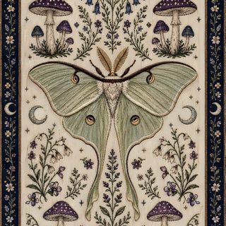 an intricately designed tapestry with moths and mushrooms on it's sides, in the middle Halloween Moth Stargazer, Mariposa, Kobo Screensaver Ideas, Mushroom Drawing Aesthetic, gray