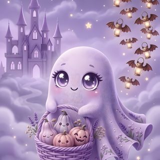 a cute little ghost holding a basket full of pumpkins in front of a castle Purple Girly Cute Halloween Purple dark gray
