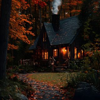 a small cabin in the woods surrounded by trees with leaves on it's ground Halloween Forest House Autumn Cabin Aesthetic, Cozy Autumn Cabin, Forest Autumn Cottage, black