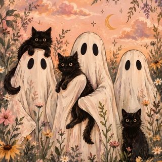 three black cats sitting in the middle of two ghost figures with their arms around each other Halloween Cats Spooky Vibes Aesthetic, Printable Halloween Images, Witchy Cat, dark salmon