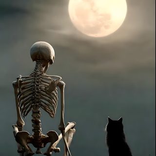 a cat sitting in front of a skeleton with the moon in the sky behind it Halloween Skeleton Cat Skeleton With Cat, Halloween Skeleton Cat, Cute Cat Skeleton, dark slate gray