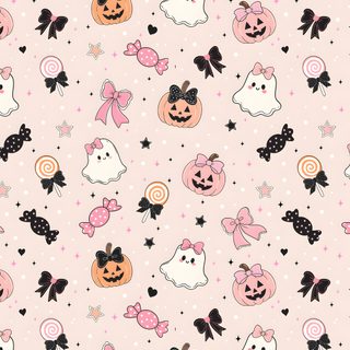 a pink and black halloween themed wallpaper with pumpkins, ghost heads, stars, and bows Aesthetic Pastel Pink Halloween Cutecore Halloween, Preppy Halloween, Pink Halloween, misty rose