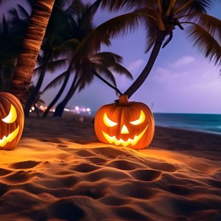 two carved pumpkins sitting on top of a sandy beach Halloween Tropical Halloween Beach Background, Halloween Islands, Summerween Desktop, dark slate gray