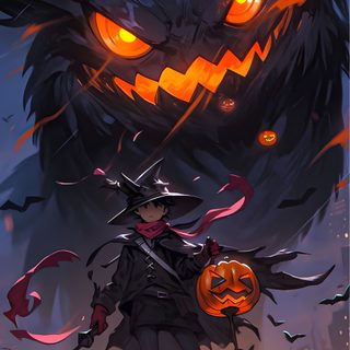 a person standing on top of a hill in front of an evil looking cat with glowing eyes Halloween Anime 4k Halloween Fantasy, Dragon Halloween, Halloween, Kitsune Iphone, dark slate gray