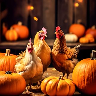 three chickens and two pumpkins on a wooden floor with lights in the background at night Halloween Chicken Pumpkin Farm Animals, Rooster Pumpkin, Aesthetic Chicken Background, saddle brown