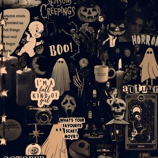 a black and white photo with lots of halloween related items Halloween Spooky Grunge Custom Dark Halloween Aesthetic Iphone, Black Halloween, Halloween Iphone Backgrounds,