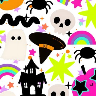 halloween seamless background with skulls and stars Neon Halloween Pattern antique white