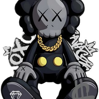 a black teddy bear with a crown on it's head and some gold chains around its neck Halloween Kaws Vintage Futurism, Metal Posters, Artist Custom, White Spray Paint, Poster Prints, light gray