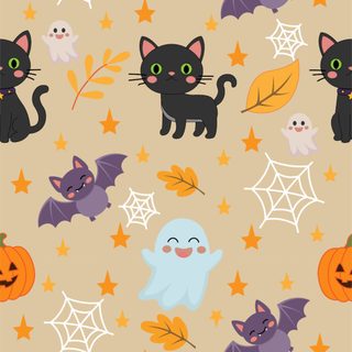 halloween seamless wallpaper with cats and bats Halloween Cats Bats Owls Spiders Sm Fall Fabric, Ghost Cat, Halloween Backgrounds, Nursery, burlywood