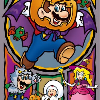 an image of a cartoon character with many other characters in the background, including pumpkins and Halloween Mario Mario Fall, Mario 3 Artwork, Mario Halloween Background, Halloween Mario, gray
