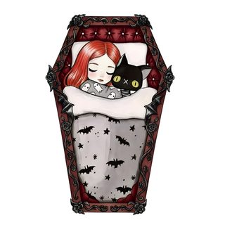 a drawing of a girl and her cat sleeping in a bed with bats on it Cute Halloween Coffin Coffin Cartoon Drawing, Cute Coffin Drawing For Kids, Coffin Pictures Drawings, snow