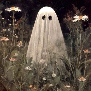 a painting of a ghost in a field of flowers Halloween Ghost Ghost Light Painting, Spooky Ghosts, Spring Ghost, Cute Ghost Aesthetic, dark slate gray