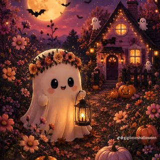 a halloween scene with a ghost holding a lantern in front of a house and pumpkins Halloween Cartoon dark slate gray