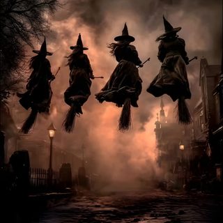 three witches flying through the air on brooms Wicked Halloween Witches Cauldron Over Fire, Witches On A Broom, Victorian Halloween Images, dark slate gray