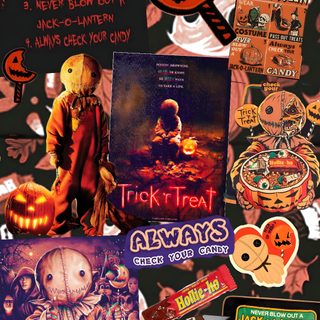 various halloween stickers and decals on a black background with the words trick'n treat Halloween Sam Sam From Trick Or Treat, Background Trick R Treat, Trick R Treat Sam Iphone, saddle brown