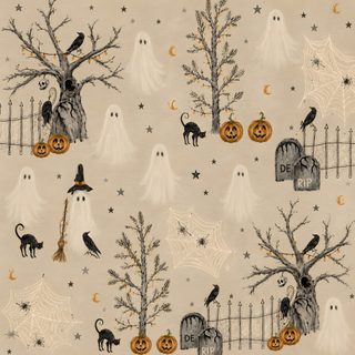 halloween wallpaper with pumpkins, bats and cats in the cemetery on cream background Halloween - Bats And Cats - Cream Haunted Forest, Seamless Patterns, Forest, Pattern, tan