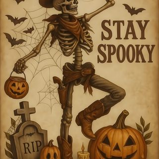 a skeleton in a cowboy hat and boots standing next to pumpkins with the words stay spooky on it Western Halloween Halloween Western, Halloween Items, Cowboy Halloween Aesthetic, Holidays Halloween, peru