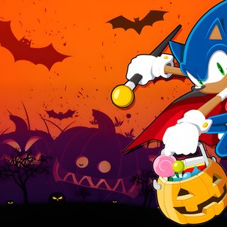 sonic the hedgehog in a halloween scene with pumpkins and bats behind him, on an orange background Shadow The Hedgehog Halloween Sonic The Hedgehog Halloween, Sonic Mania Halloween, Halloween Sonic Background, sienna