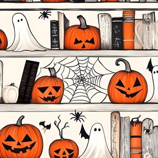 halloween bookshelves with pumpkins and bats on them Halloween Room Fall Graphic Ideas, Halloween Iphone Aesthetic, Halloween Lockscreen Iphone, light pink