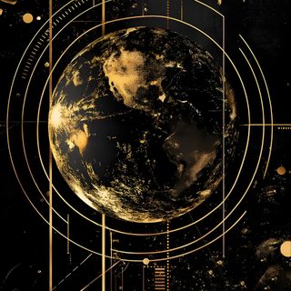 the earth is surrounded by golden lines and circles on black paper with gold foiling Black And Gold Halloween Golden Desktop, Black Gold, Gold And Black Star, Geographical,