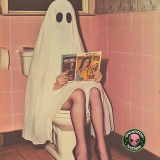 a woman sitting on a toilet reading a magazine with a ghost costume over her head Halloween Bathroom Funny Ghost Photoshoot, Ghost Reading Comics In Bathroom, Halloween Costume Ideas, rosy brown
