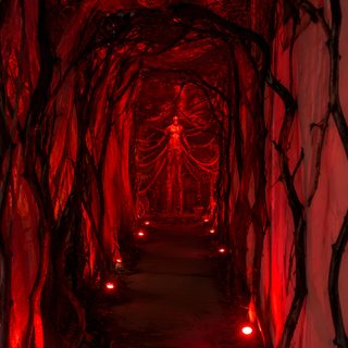 a dark tunnel with red lights and branches on either side, leading to the entrance Halloween Creepy Place black