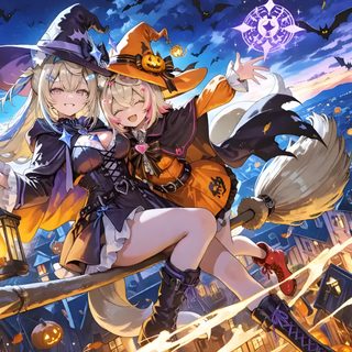 two women dressed as witches on a halloween night with bats and pumpkins in the background Anime Halloween Desktop Art Inspiration Drawing, Fond D'ecran Dessin, Art Inspiration, Halloween, dim gray