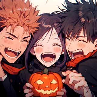 two anime characters with pumpkins in their hands and one has his eyes open while the other Jujustu Kaisen Halloween 1920x1080 Little Megumi And Gojo, Jjk Trio Manga, Jujutsu Kaisen Trio Fanart, dark olive green