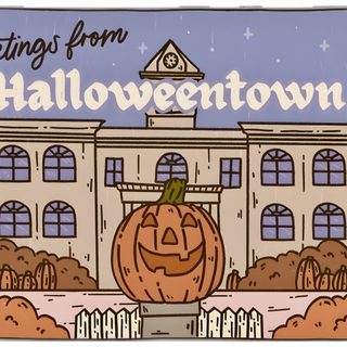 an image of a halloween pumpkin in front of a building with the words greetings from hallowertown Halloweentown Pumpkin Halloween Town Banner, Halloweentown Poster, Halloweentown Backgrounds, light slate gray