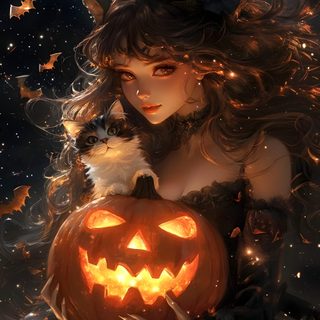 a woman holding a pumpkin in her hands with bats flying around it and the sky filled with stars Halloween Girl Images Kawaii, Halloween Iphone, Neko Girl, Latest Mehndi Designs, Witchy Woman, black
