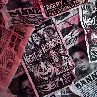 many different types of paper with clown faces on them, all in black and white Aesthetic Halloween Horror Creepshow Background, Spooky Background Aesthetic, Cool Horror Movie, dark slate gray