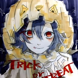 a drawing of a girl with red eyes and an orange pumpkin on her head that says, trick or treat Suzu Halloween Juzuu Suzuya, Suzu Halloween, Tokyo Ghoul Halloween, Tokyo Ghoul Halloween Pfp, rosy brown