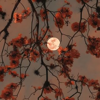 the full moon is seen through some red flowers on a tree branch in front of a cloudy sky Aesthetic Halloween Flower Halloween Iphone, Halloween, Estetika, Fall Background, Cute Simple, dim gray