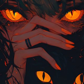 an image of a woman with her hands on her face and eyes glowing in the background Dark Halloween Anime Anime Halloween Aesthetic, Black Cat Eyes Art, Cat Eyes Art, Crazy Cat Art,