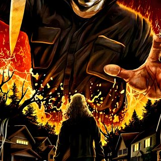 a painting of a man holding a knife in front of a house with flames coming out of it Michel Myers Halloween Iphone Horror Movie Icons, Film, Pencak Silat, Halloween Franchise, Film Horror, black