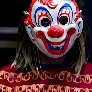 a woman wearing a red and blue clown mask with long hair in front of her face Halloween 2007 Halloween Rob Zombie, Zombie Photo, Michael Myers Art, Halloween 2007, Evil Dead, maroon