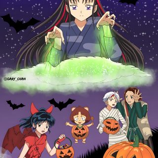two anime characters with pumpkins and bats in the background, one is wearing a witches costume Inuyasha Halloween Inuyasha Halloween, Inuyasha Happy New Year, Setsuna Demon Form, dim gray
